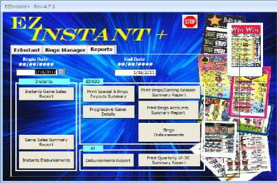 Easy to Use Windows Program for Date Sensitive Instant Ticket, Bingo Reporting, 
and Disbursements